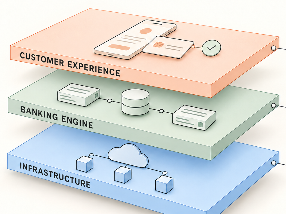 Three capability layers show customer experience, banking engine and infrastructure.