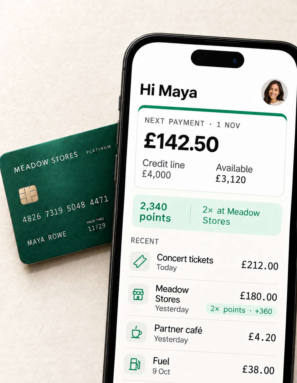 An illustrative Meadow Stores card programme with a phone showing points, transactions and card controls beside a physical card.