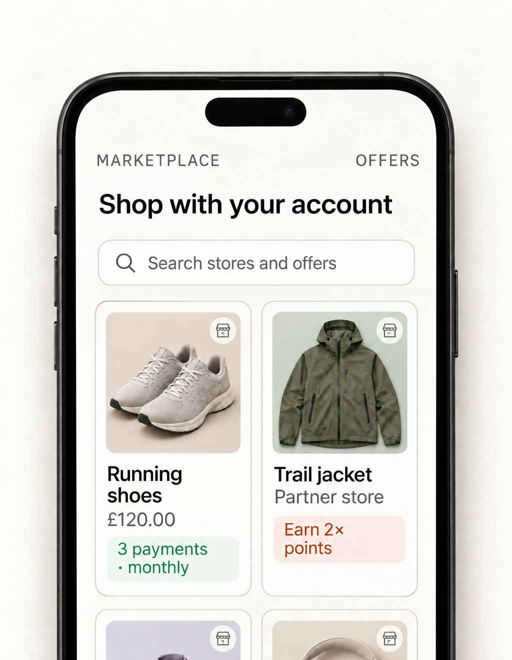 An illustrative marketplace inside a financial product showing offers, points and instalment options.