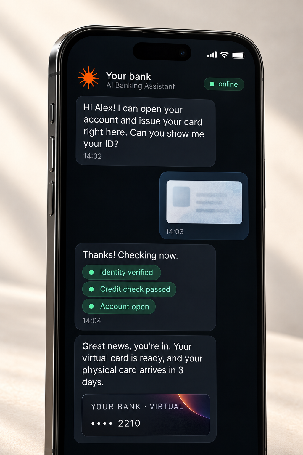 An illustrative banking chat shows identity checks, an opened account and a virtual card on a phone.