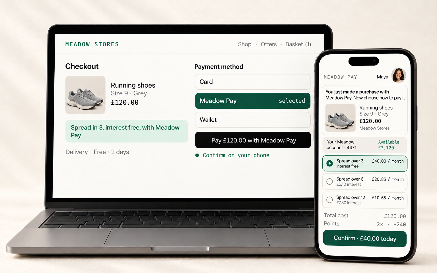 An illustrative retailer checkout on a laptop is paired with a phone showing instalment choices, costs and points.