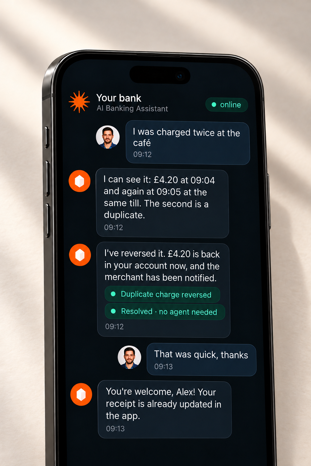 An illustrative banking support chat on a phone shows a duplicate charge identified and reversed.