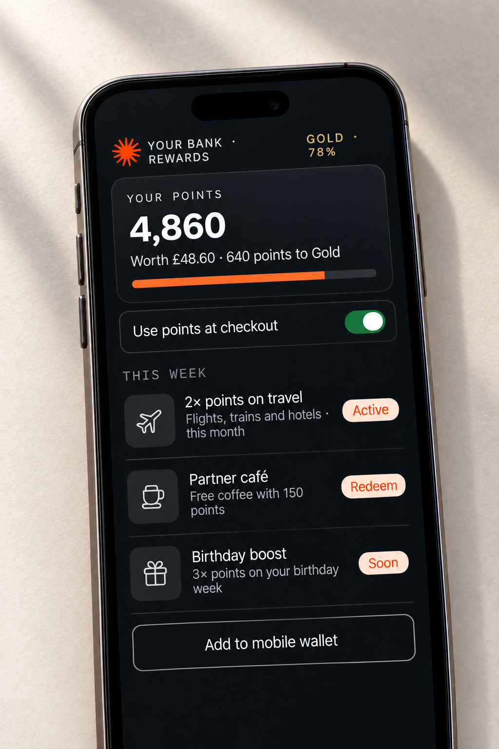 An illustrative rewards screen on a phone shows a points balance, tier progress and offers.