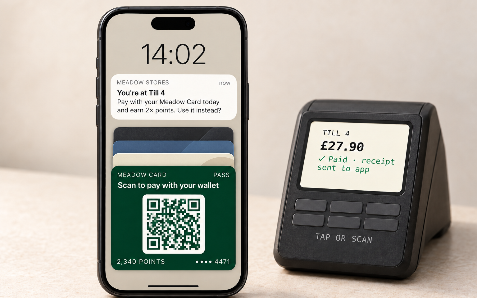 An illustrative phone shows an in-store payment suggestion and a wallet pass beside a terminal displaying a paid receipt.