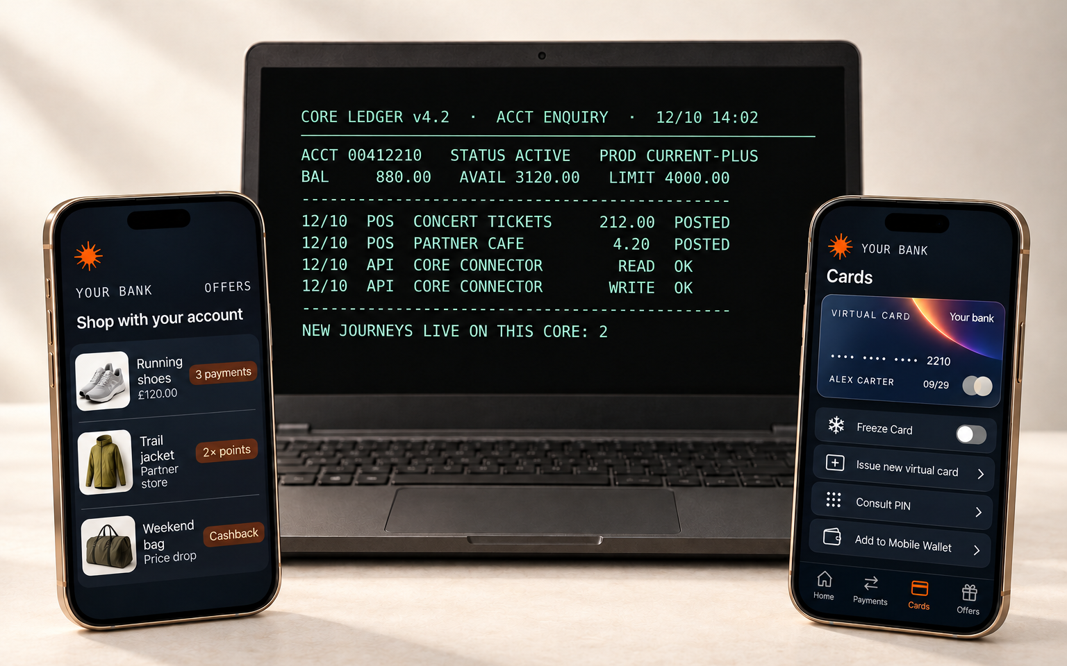 An illustrative legacy ledger on a laptop sits behind two phones showing shopping offers and virtual card controls.