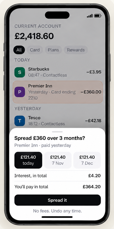 A current account screen offering to spread a £360 purchase over three months, with the interest shown up front.