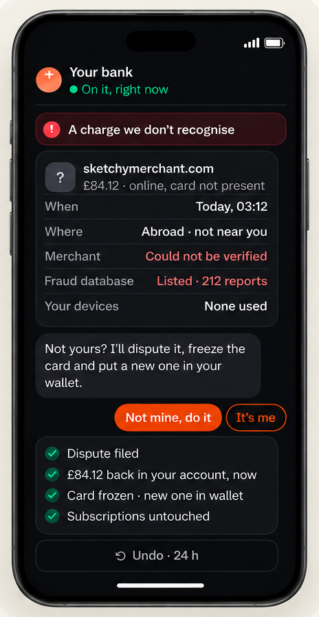 A banking chat flagging an unrecognised charge, disputing it and freezing the card in one conversation.