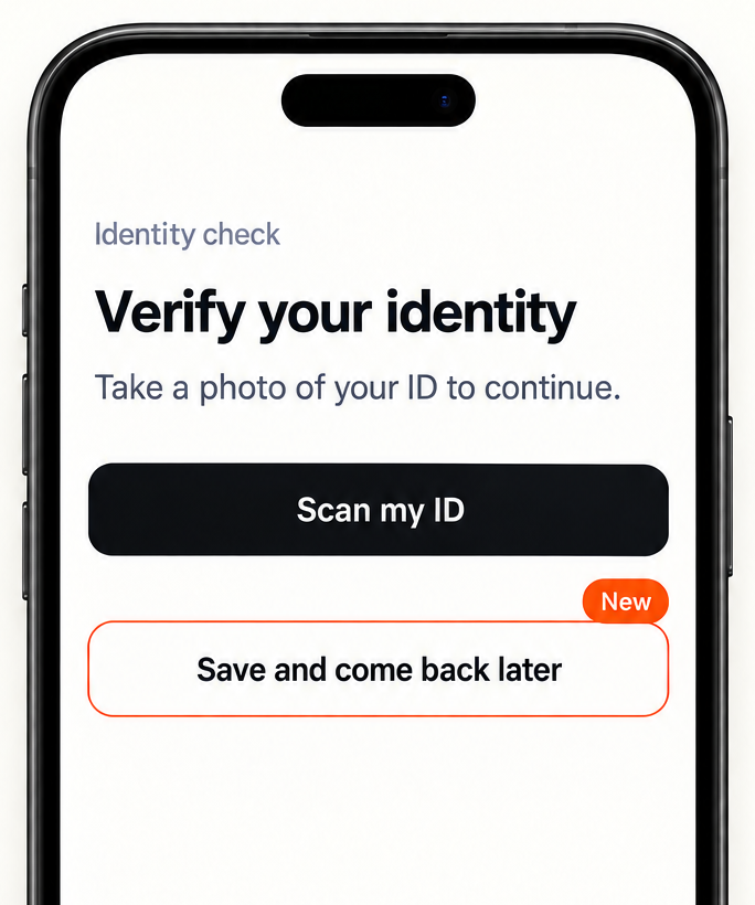 An identity check screen with a new 'Save and come back later' option, and a card recording that the product owner released the change.