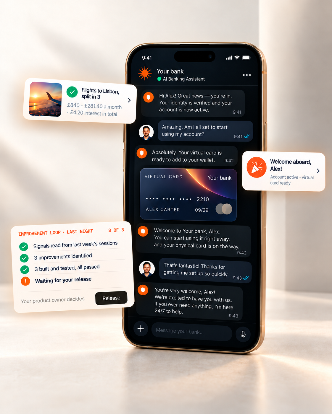 A banking chat on a phone: identity verified, virtual card ready, a purchase split in three, and three tested improvements waiting for the product owner's release.